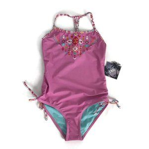 YMI Girls Swimsuit Size 7/8 Pink Blue 1 Piece Aztec T Back Bathing Suit